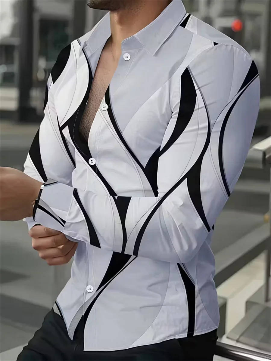 قميص رجالي بأكمام طويلة بتصميم طباعة خط هندسي باللونين الأسود والذهبي، سترة صوفية كاجوال أنيقة، قماش مريح. #5