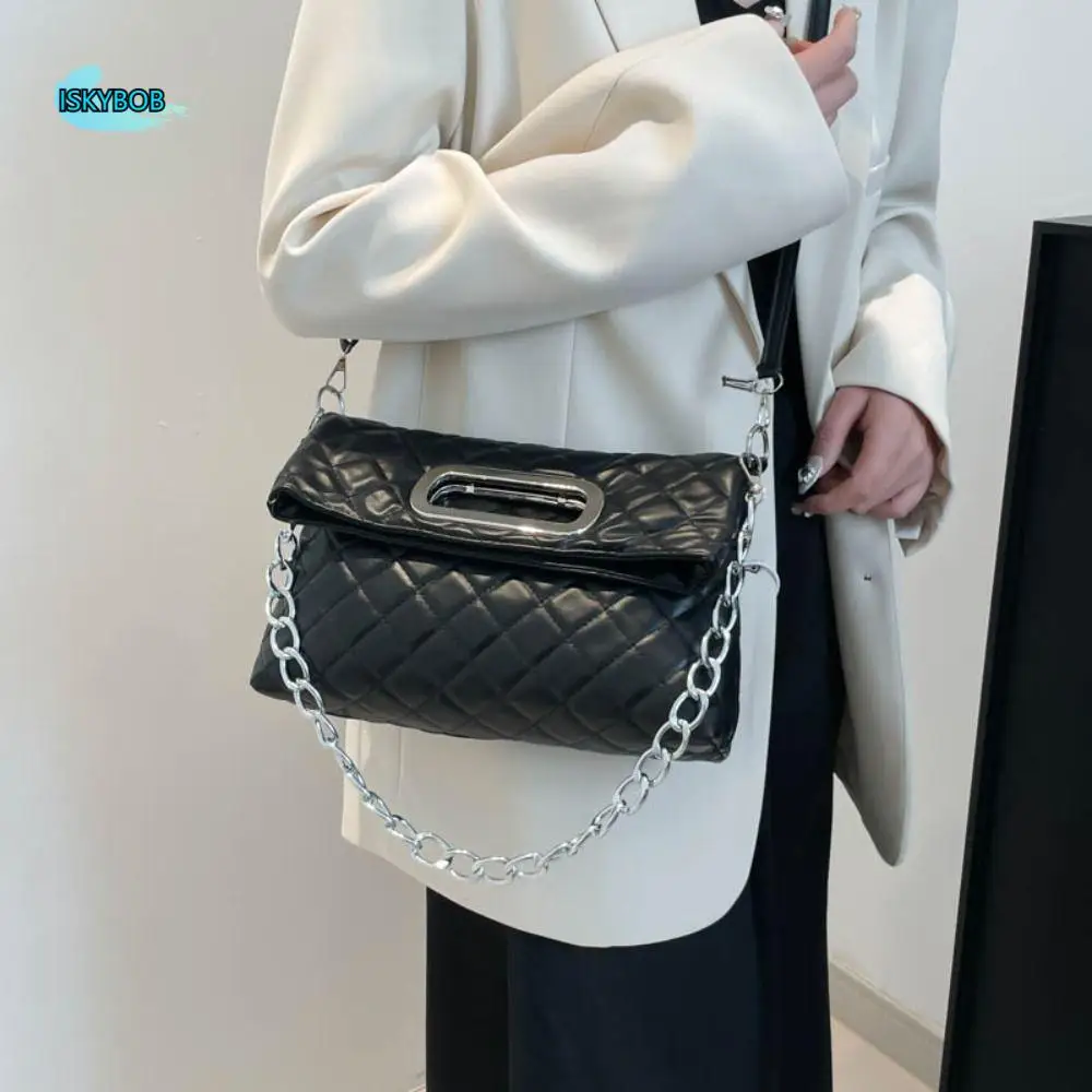 

Solid Color Folding Handbag Korean Style Phone Purse Chain Shoulder Bag Underarm Bag Grid Patterned Chain Crossbody Bag