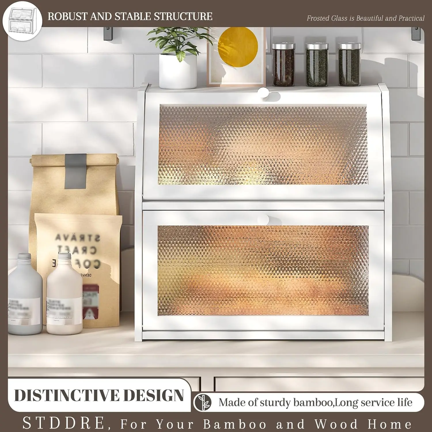 صندوق خبز كبير جدًا بطبقة مزدوجة مع نوافذ بنمط ماسي، حاوية تخزين للمطبخ باللون الأبيض