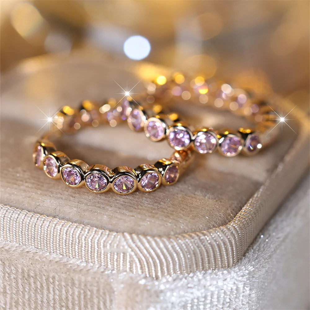Elegant Pink Crystal Zircon Hoop Earring Single Row Small Round Stone Earrings For Women Vintage Gold Color Wedding Jewelry Gift