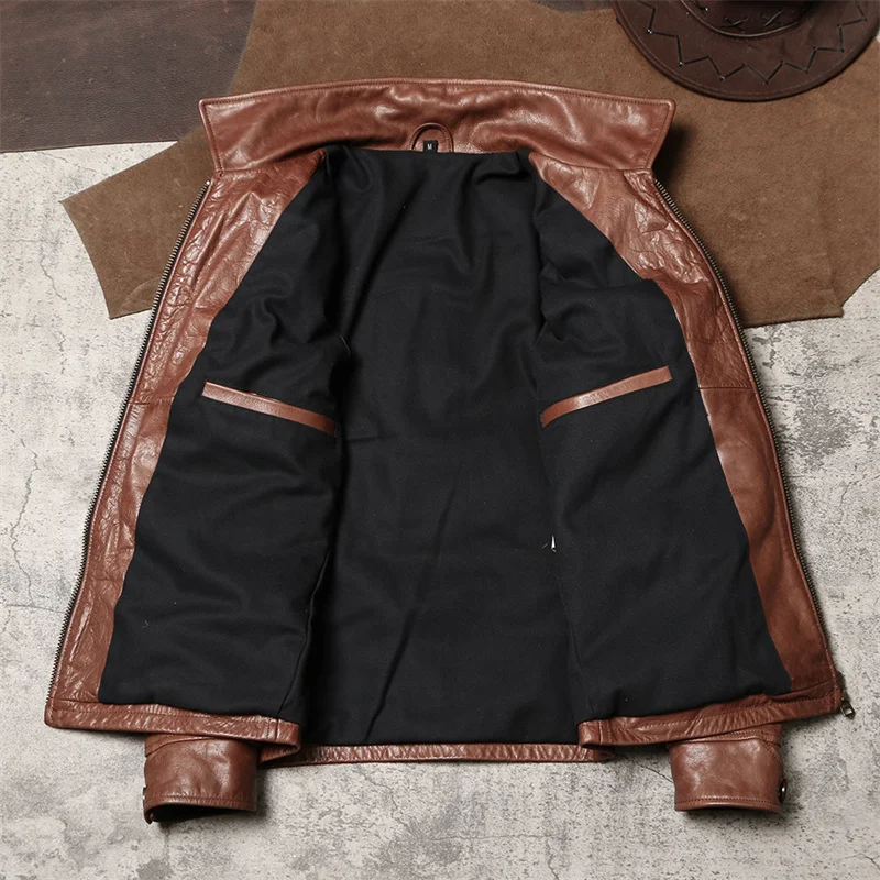 Light Brown Autumn Leather Jacket Men Casual Style Plus Size 4XL Natural Cowhide Slim Fit Short Genuine Leather Coat