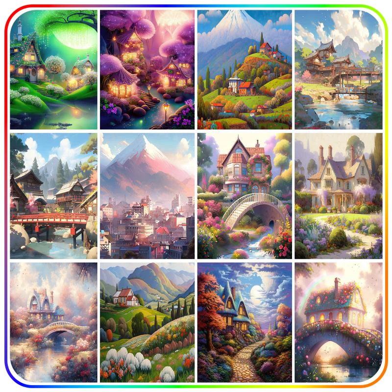 

SDOYUNO 5D Diamond Painting Forest Housing Architecture Landscape Crystal Round Rhinestones Diy Kit Wall Art Picture Painting De