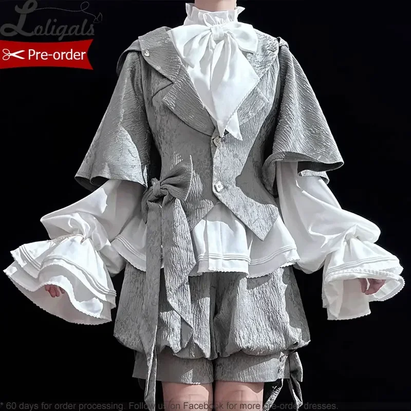 Pre-order Ouji Lolita Hooded Cloak Cape / Short Pants / Vest / Shirt by Princess Chronicles ~ Gray Rabbit in Moonlight