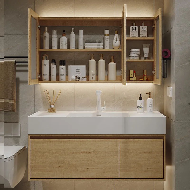 Premium Smart bathroom cabinet bear mirror wash basin combination rock slab ceramic integrated basin toilet wash