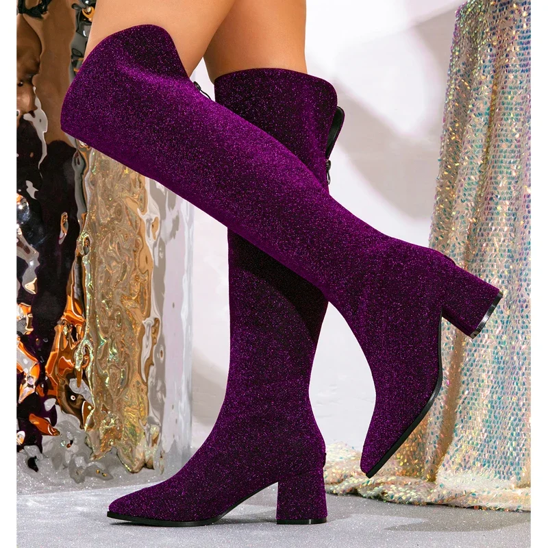 

Aneikeh/модные женские сапоги выше колена с острым носком, зимние длинные туфли Botas из ткани с блестками, туфли на молнии на квадратном каблуке De Mujer