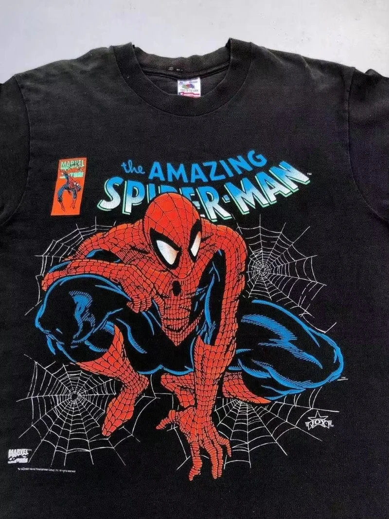 

MINISO SPIDER-MAN Cartoon Anime Spider Man Short Sleeve T-shirt for Men Women American Retro Vintage Loose Short Sleeve Kids
