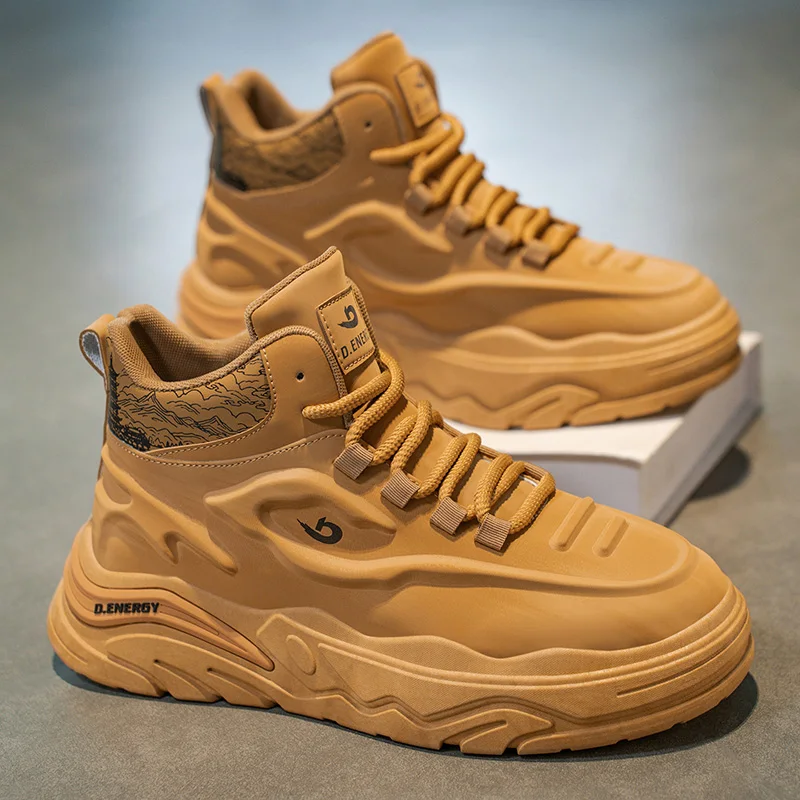 

High-Top Men's Shoes Spring Thick Bottom Heightening Dad Trendy Shoes Youth Versatile Sports Leisure Wheat Color Board Shoes