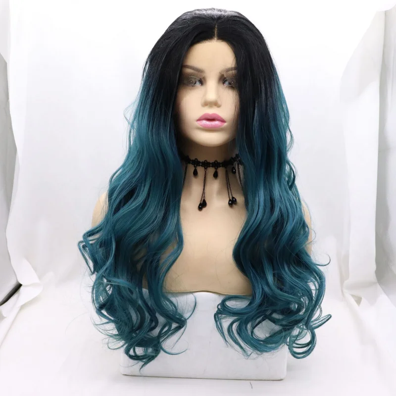 

Synthetic fiber wig, hand-woven front lace, gradient color long curly hair, comfortable rose net cap