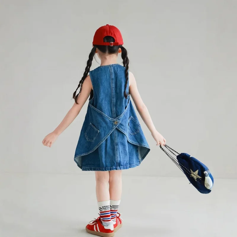 Korean children's clothing girls' dress2026New summer stylish and fashionable denim sleeveless dress for baby girls