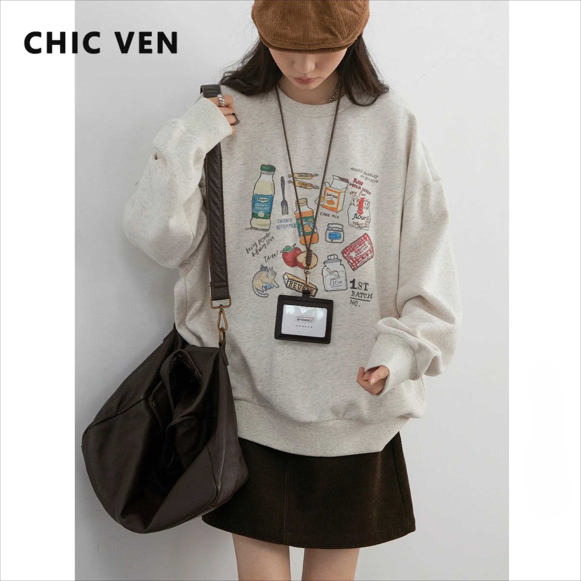 

CHIC VEN Women Sweatshirts Korean Round Neck Long Sleeved Cartoon Printed Knitted Female Casual Top Girl Autumn Winter 2024