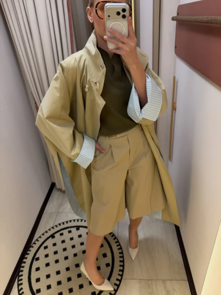 Fashion Khaki Oversized Long Trench Coat Women Chic Lapel Collar Double Breasted Striped Side‑slit Autumn Daily Casual Outerwear