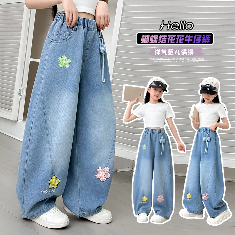 

Cute Baby Girls Denim Pants 4-14Y Spring Autumn Kids Plaid Floral Embroidered Pattern Jeans Loose Straight Trousers for Tweens