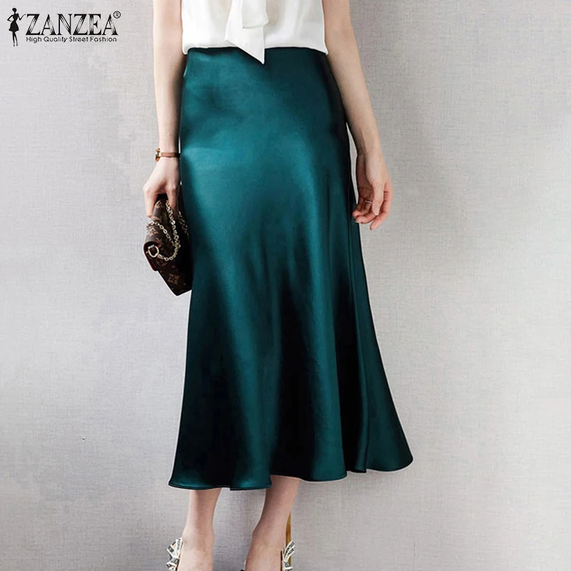ZANZEA Elegante Satin-Midiröcke für Damen, hohe Taille, einfarbig, A-Linien-Rock, Sommer, elegant, für den Date Night, Faldas de Mujer