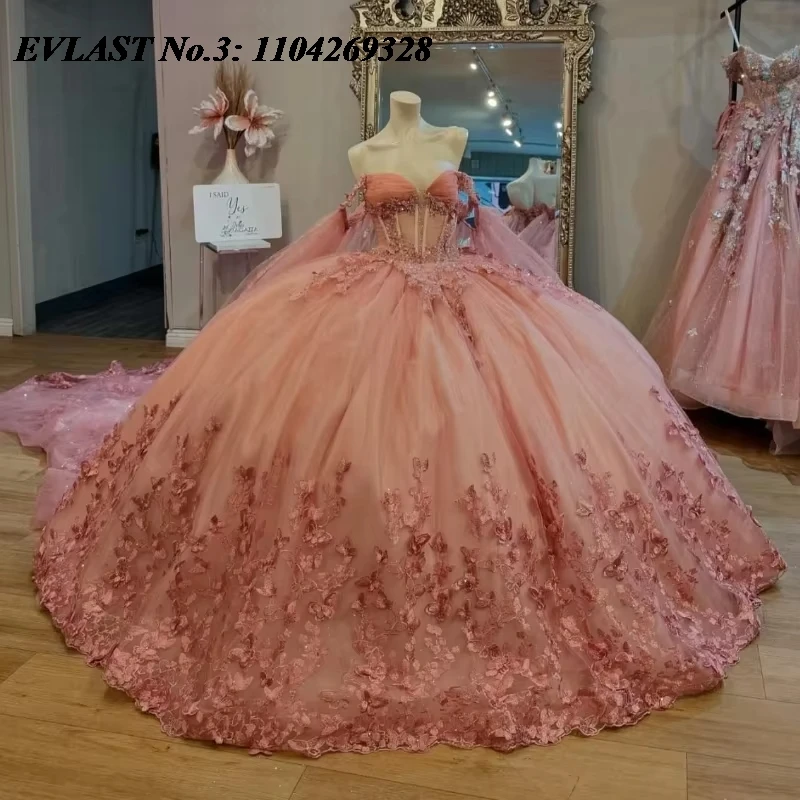 

EVLAST Customized Mexican Blush Quinceanera Dress Ball Gown 3D Butterfly Applique Beaded Cape Sweet 16 Vestido De 15 Anos E3Q170