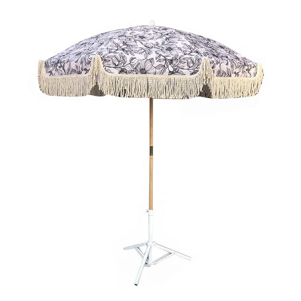 Outdoor Wood Painting Without Tilt Customized Logo Printing Outdoor Beach Umbrella With Tassels