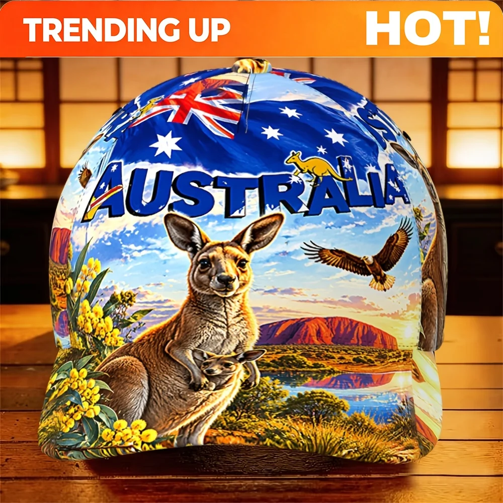Customization 1pc Men's Australian Flag Baseball Cap With Kangaroo & Eagle Outback Design - Retro Adjustable Buckle Strap, Light