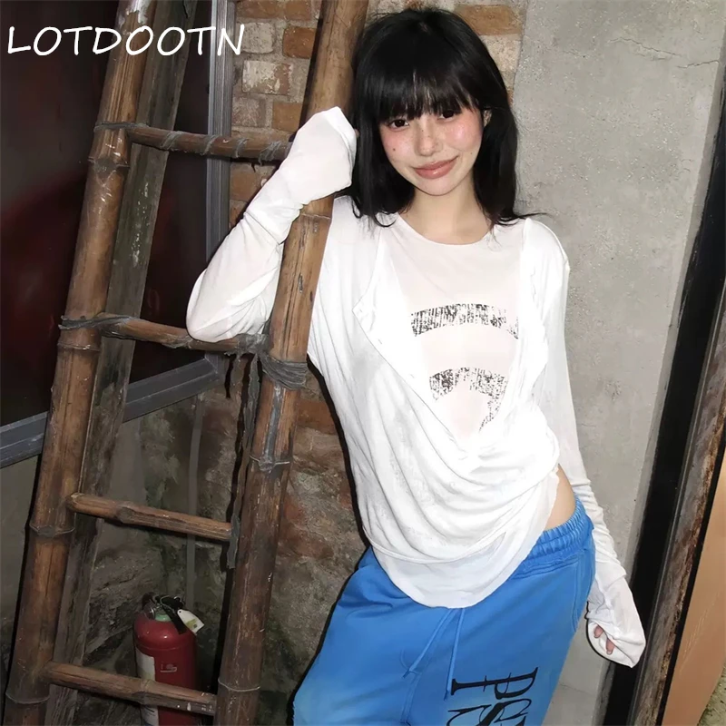 

LOTDOOTN 2000s Y2K Slim Fit Long Sleeves T-shirts Women Autumn American Retro Thin Base Layer Print Street Creative Design Tops