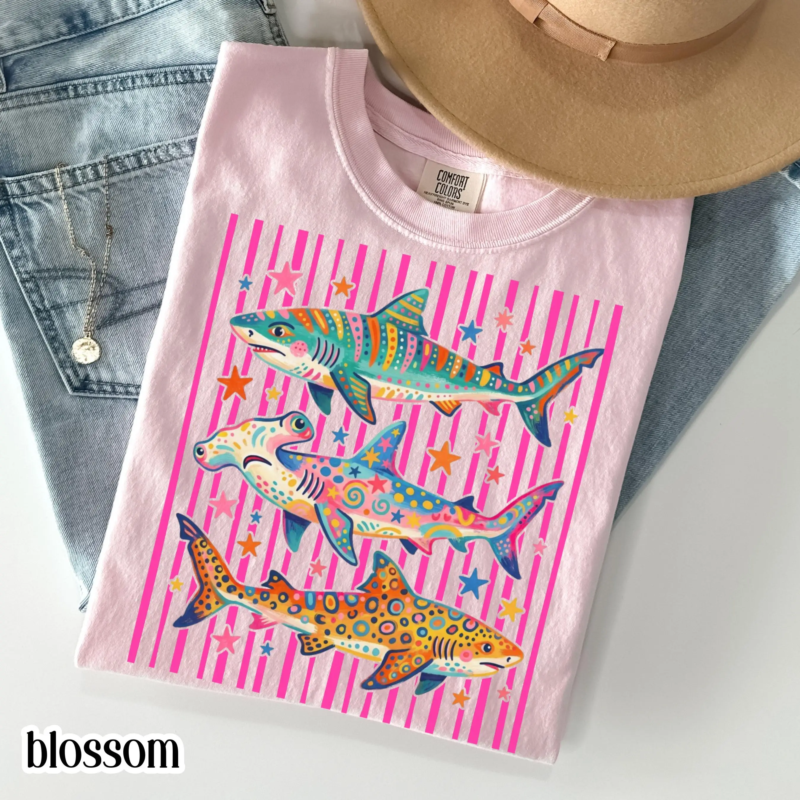 Shark Shirt Aesthetic Tropical Ocean Graphic Tee Bright Marine Life Coastal TShirt Summer Beach Shark Week Lover T-Shirt