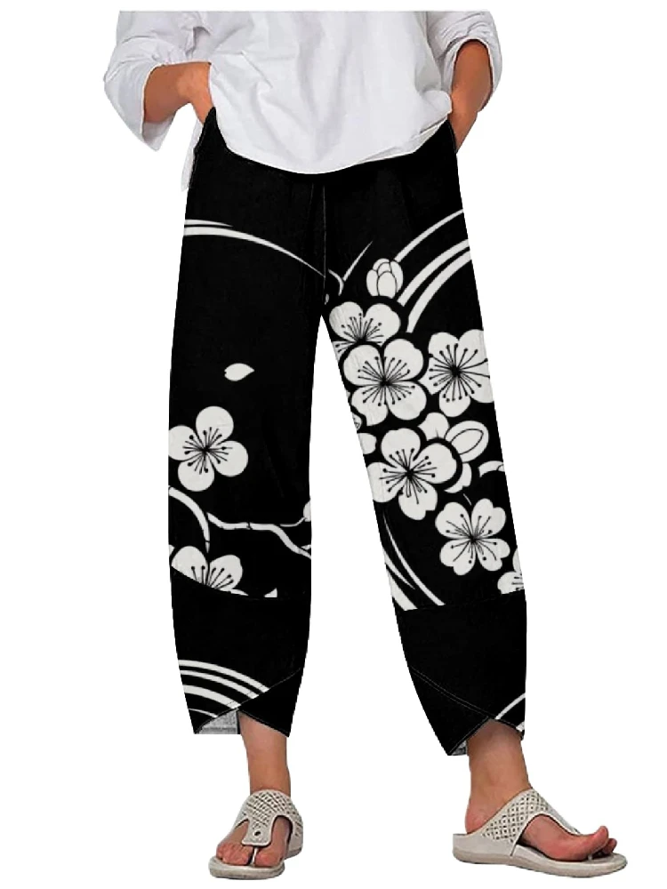 Women's Harem Pants Summer Women's Lantern Pants Retro 3D Flower Pattern Daily Casual Large-sized Women's Wide Leg Pants