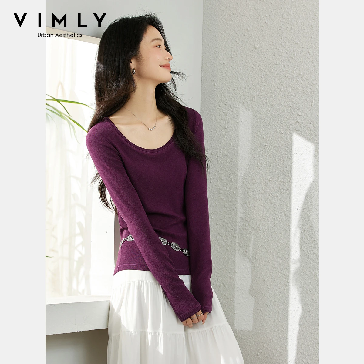 VIMLY Women's Long Sleeve Red T-shirt 2025 Autumn New Crop Knitted Double-layer Casual Slim Female Tops Woman clothes A1965