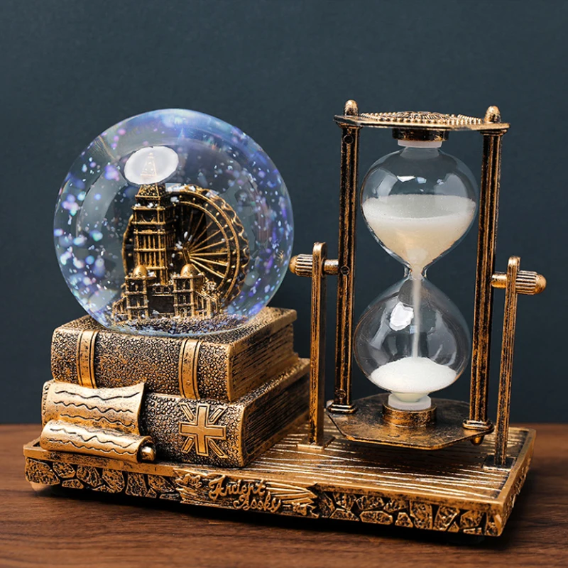 Retro tower hourglass timer crystal ball music box luminous desktop ornament