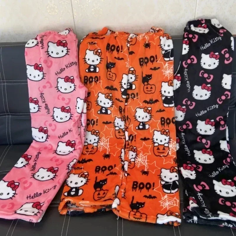 Miniso Sanrio Hello Kitty pazen pijama siyah kadın sıcak yün karikatür rahat ev pantolon sonbahar kış moda pantolon