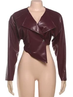 Sisterlinda Faux Leather Single Button Crop Jacket Women Autumn Trend Cross Neck Full Sleeve Wild Style Classic Streetwear Coat 6