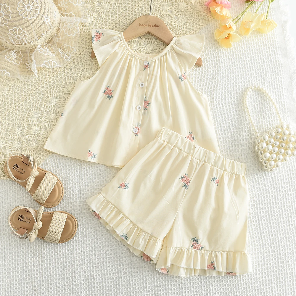 Sommermode-Set für Mädchen, Kinder-Blumendruck, fliegende Ärmel, Top + Shorts, zweiteiliges, süßes, erfrischendes Set für kleine Mädchen – Detail 10