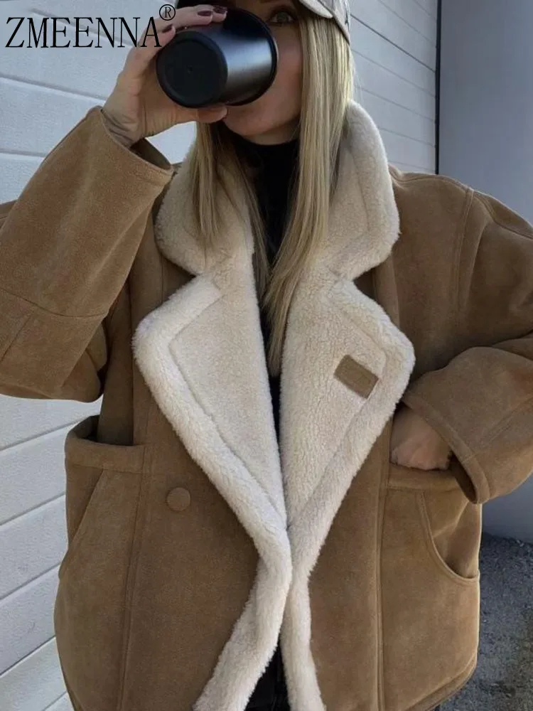 

ZMEENNA Chic Faux Shearling Lined Jacket For Women Stylish Wide Lapel Winter Coat With Pockets Warm Casual Everyday ZM3614