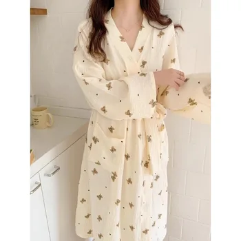 Cute Bear Print Robe 5 Women Bathing Robe Cartoon Cute Bear Print Bathrobe Nightgown Cardigan Long Sleeve Nightdress Plus Size Loungewear Nightgown Ro 5