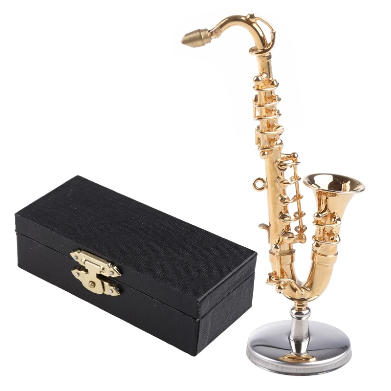 448D Copper Miniature Saxophone with Base Mini Musical Instrument Miniature Replica Dollhouse Model Mini Saxophone