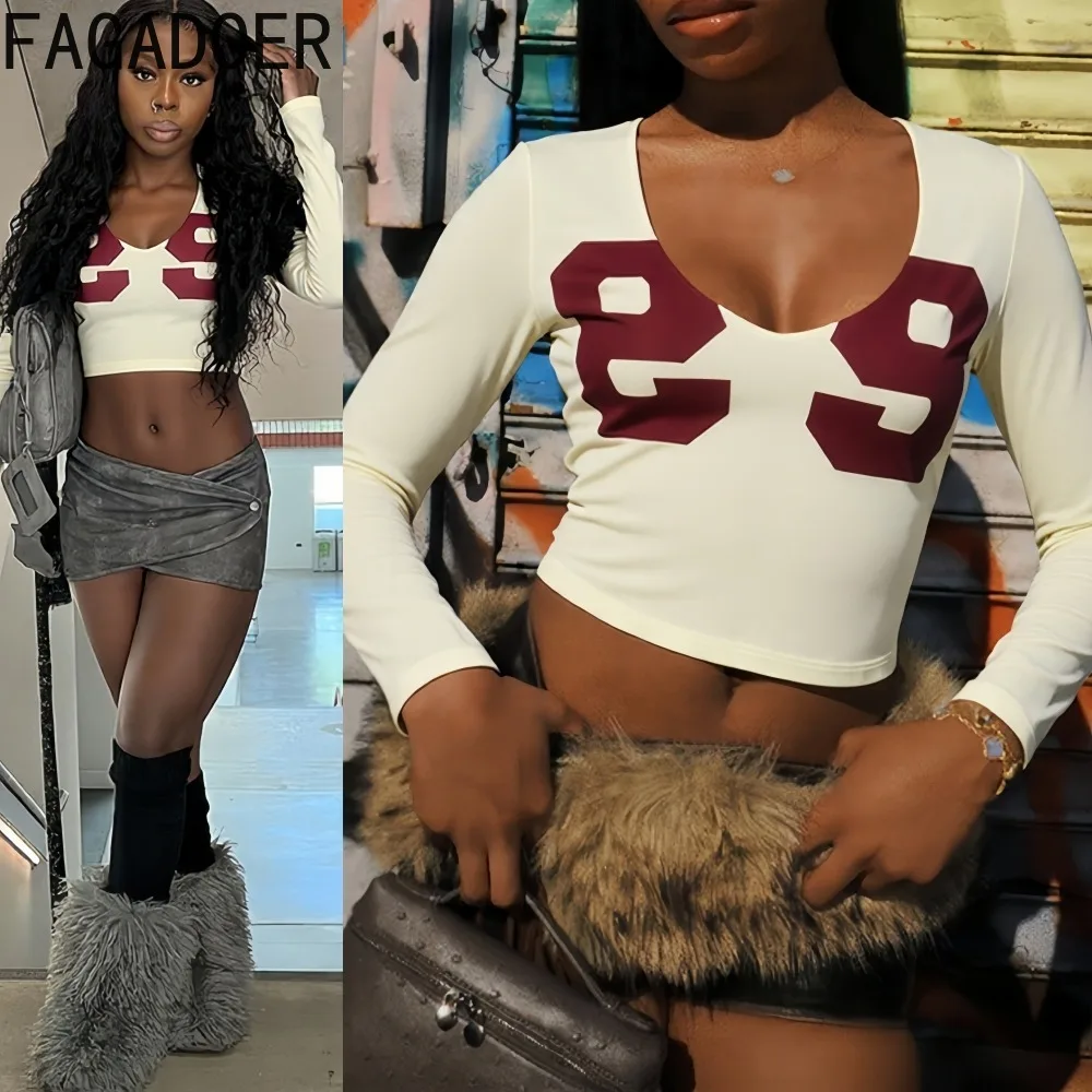 

FAGADOER Sexy Letter Print T-Shirt Women U-Neck Low Long Sleeve Skinny Stretch Street Fashion Classic Tops Female Streetwear New