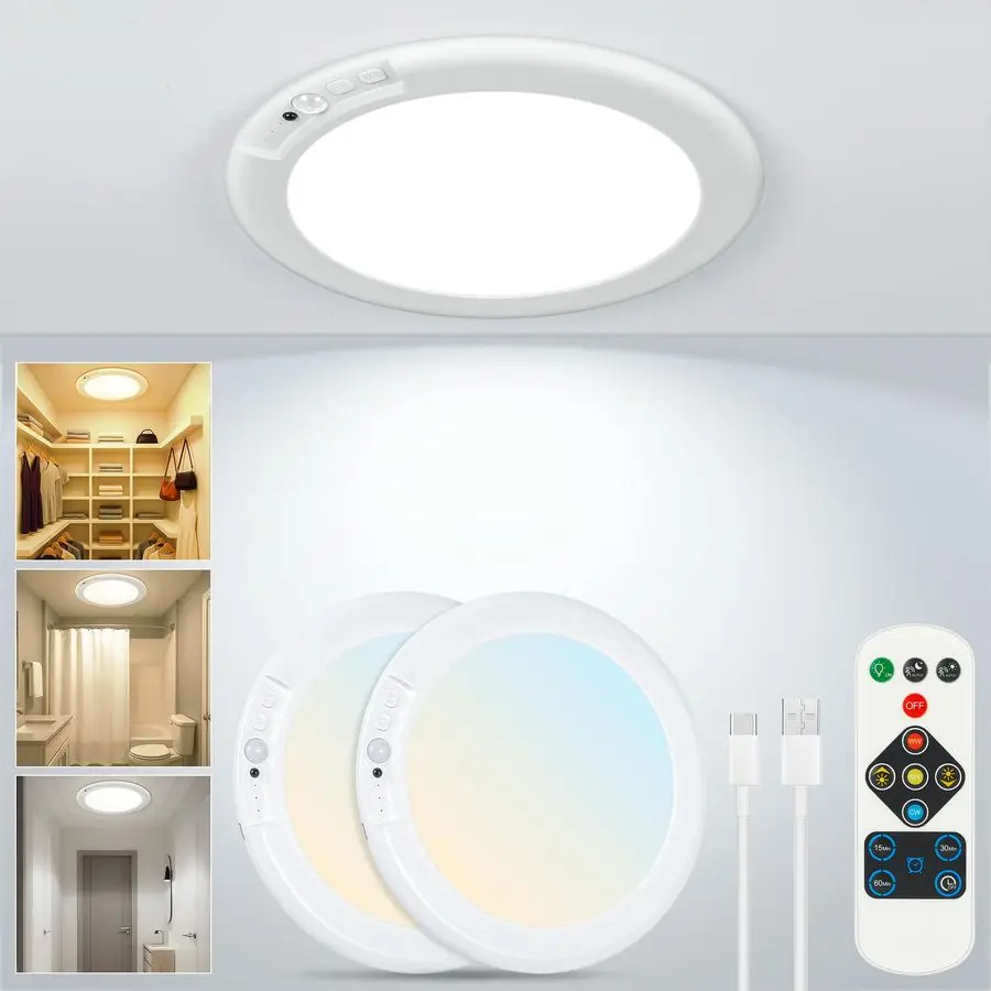 

Rechargeable Ceiling Light No Wiring Motion Sensor Night Light Indoor with Remote, Battery Operated Led Lights for Bedroom Hall