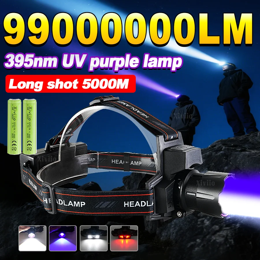 

Супермощный налобный фонарь 99000000 лм, перезаряжаемый, с УФ-излучением, на аккумуляторе 18650, высокомощный налобный фонарь для кемпинга и охоты