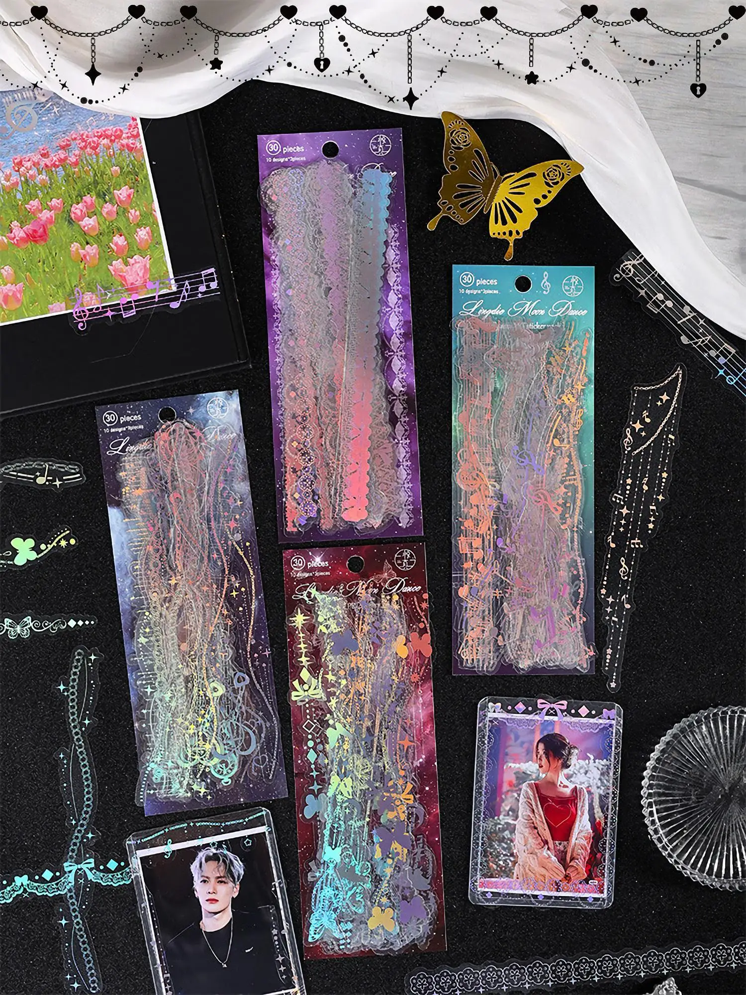 30 Sheets Korean Style Deco Sticker Pack - Cute & Stylish Holographic Foil Stamping Sticker for Kpop Toploader, Journals & More