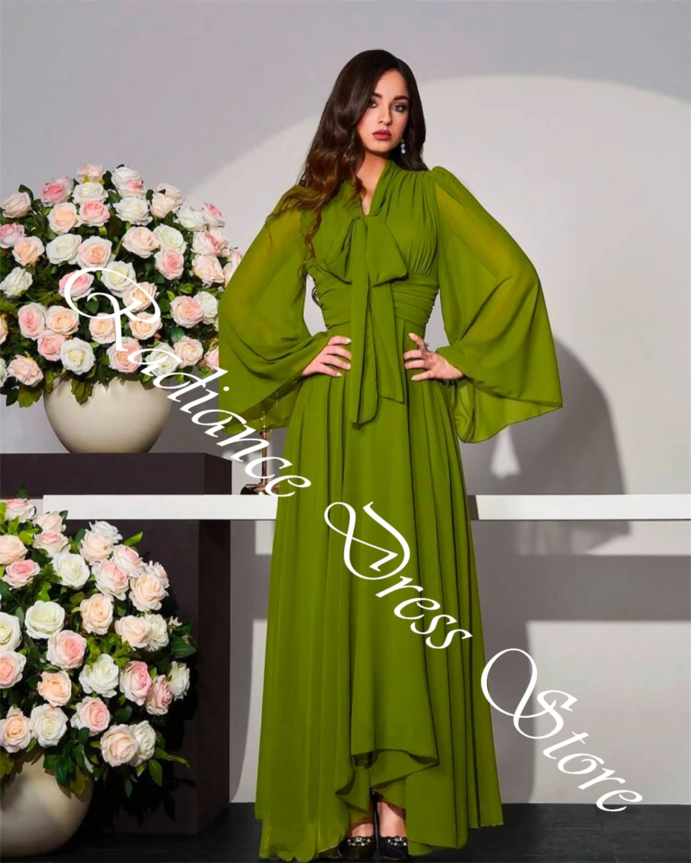 تخصيص رشيقة الخامس الرقبة القوس مساء اللباس مزاجه طويلة الأكمام مضيئة الأكمام فساتين المشاهير الكلاسيكية الشيفون Pr #4