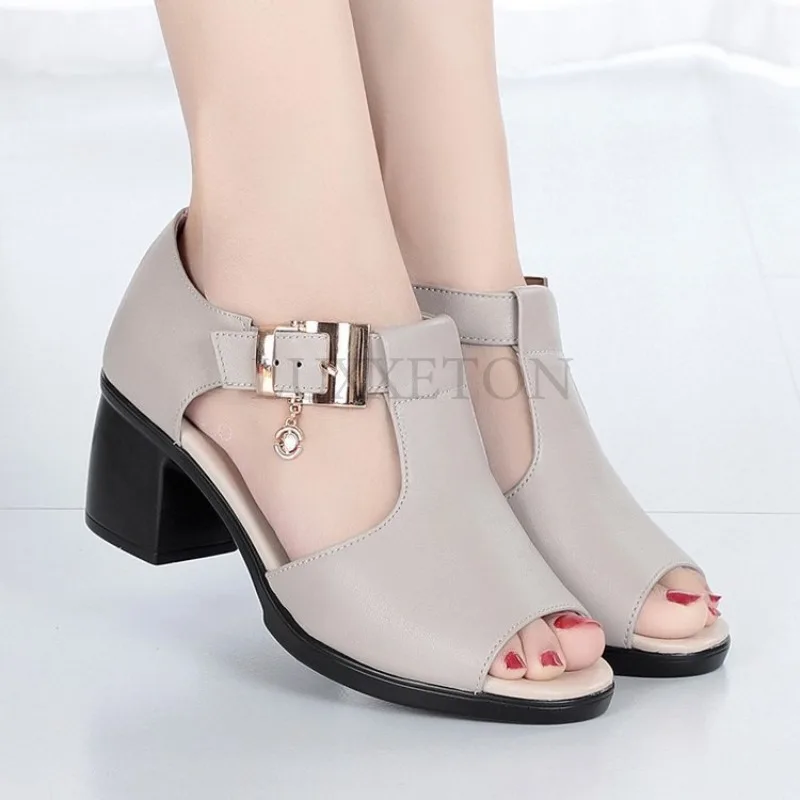 Women Patent Leather Fish Mouth Sandals Roman Thick Heels High Heels Simple and Fashionable Buckle Casual and Versatile