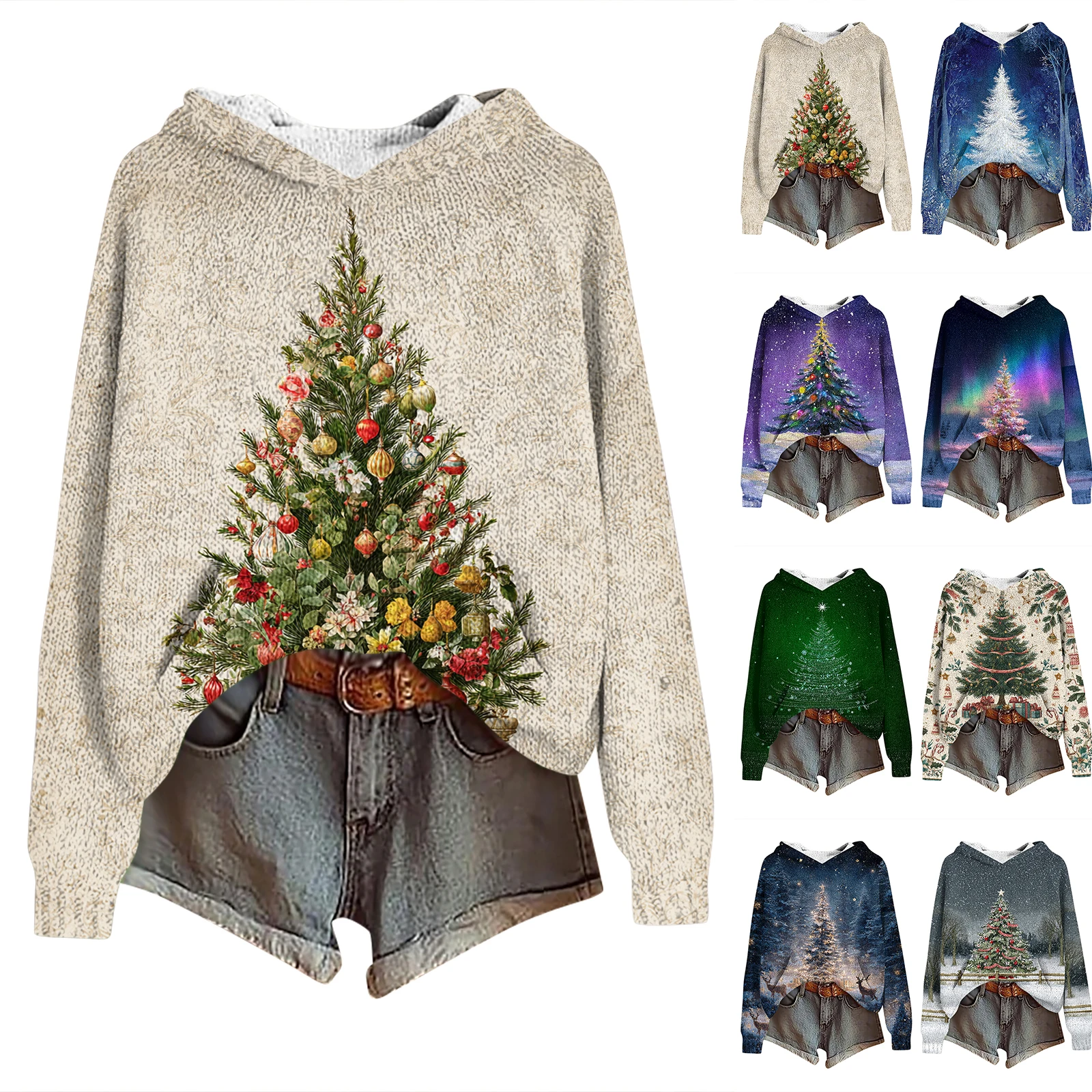 Winterkerstboompatroon Dames Modieus Casual trui met lange mouwen en capuchon met print Comfortabele warme gebreide top