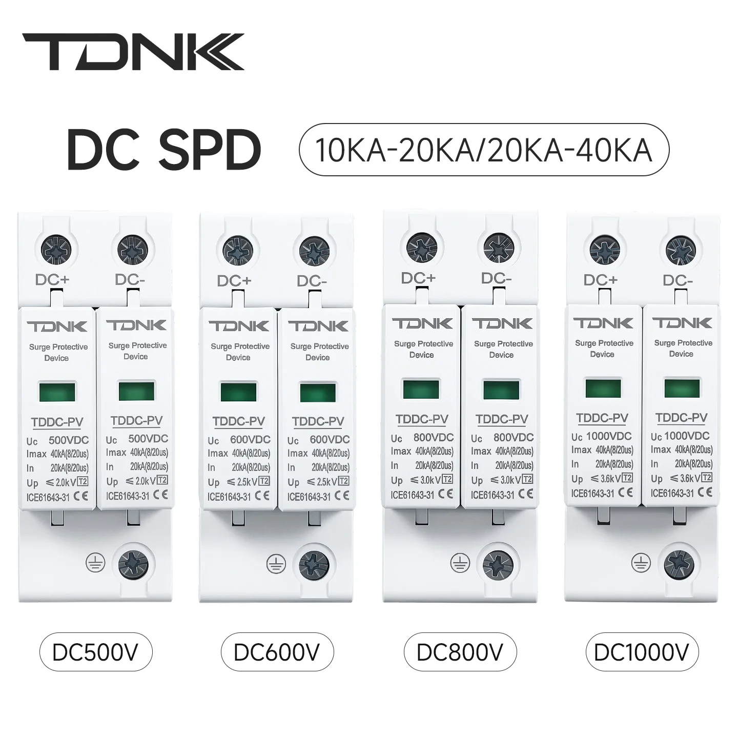 TDNK DC SPD 2P 10KA-20KA/20KA-40KA Surge Protector 500V 600V 800V 1000V PV Solar Surge Protection Device Lightning Arrester