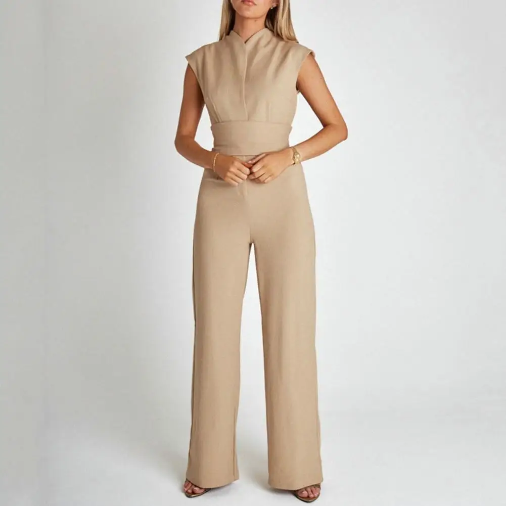 Baju monyet kantor leher V, Jumpsuit kantor elegan dengan sabuk pinggang tinggi, desain kaki lebar lurus untuk musim panas