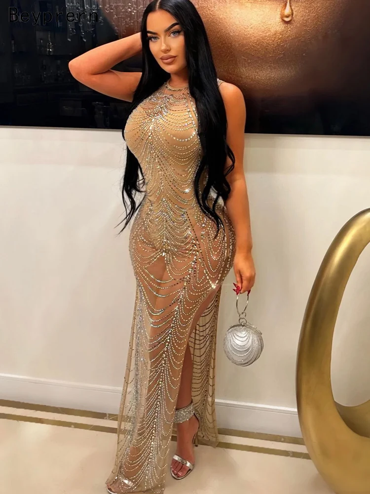 

Beyprern Luxury Woman Evening Party Dress Sparkle Sheer Mesh Split Rhinestone Birthday Dress Long One-Piece Dress New Year Gown