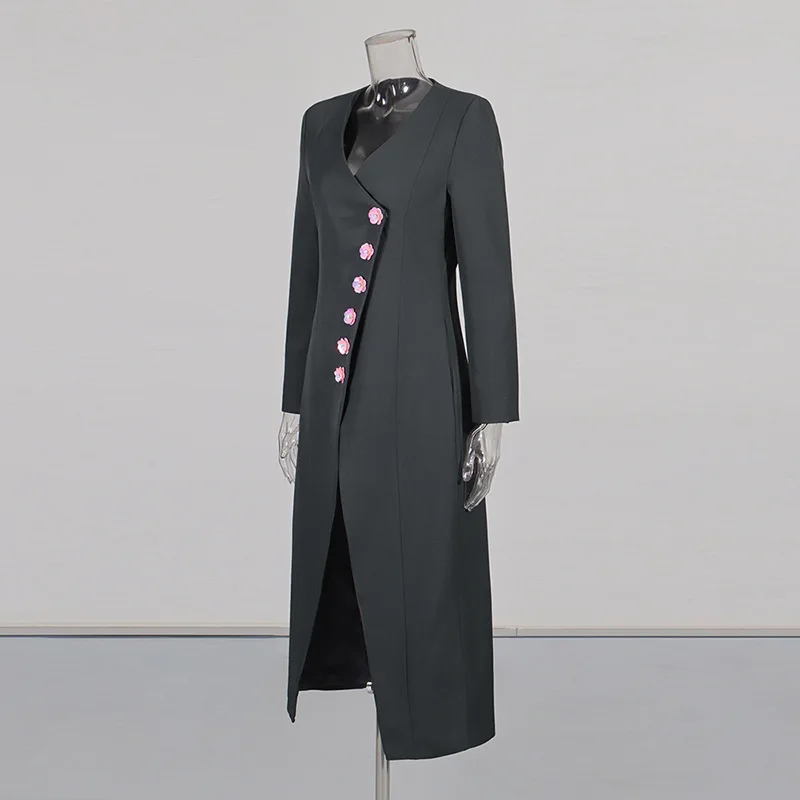 

Women Long Coat long sleeve V-Neck Flower Button Outside Coat