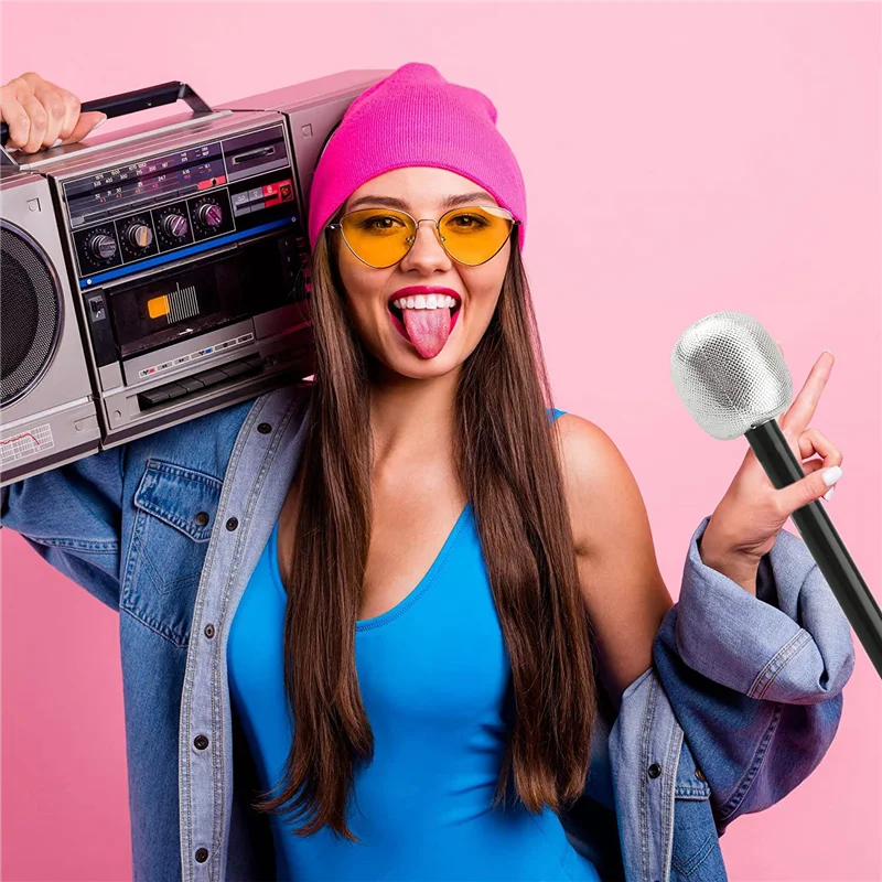 DELAM-15 แพ็คไมโครโฟน Stage Mic Silver Glitter ไมโครโฟนสําหรับ Cosplay Stage Play Rock Star Prop ธีมคาราโอเกะปาร์ตี้