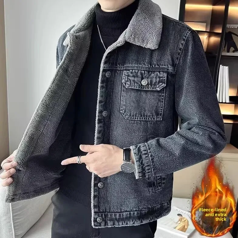 

Men's Denim Jaet Fce Lined Thi Winter Lamb Fur Casual Turn-down Collar Wear-resistant Slim Fit Leisure Coat