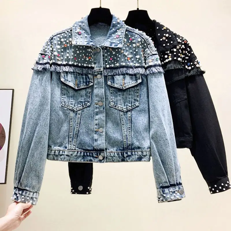 Denim Jacket With Pearls Beading Heavy Denim Coat Women New Streetwear Jaqueta Feminina