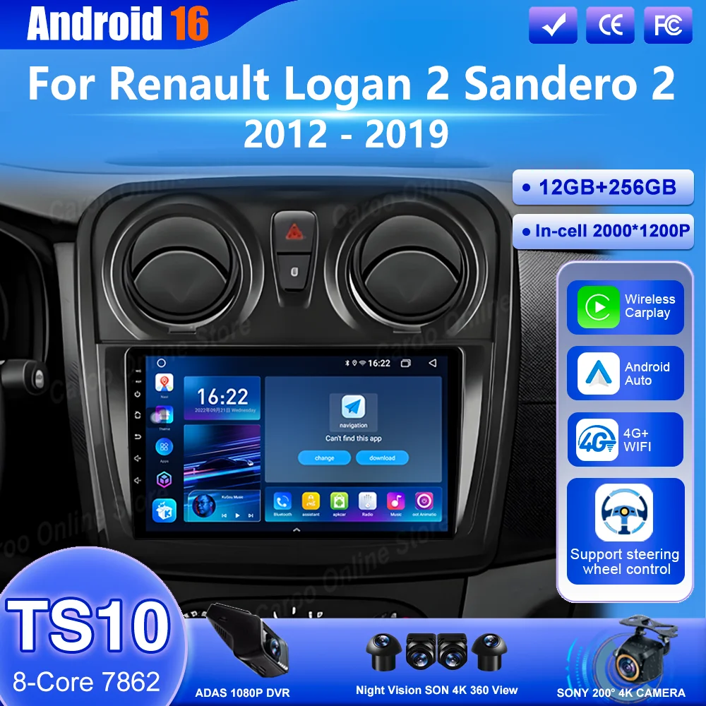 

Радио стерео Android 16 для Renault Logan 2 Sandero 2 2012-2016 2017 2018 2019 Автомобильный мультимедийный видеоплеер Carplay, головное устройство