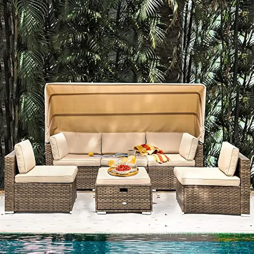 

Patio Wicker Sofa Daybed Furniture Set with Retractable Canopy, Storable Side Table Outdoor Lounger