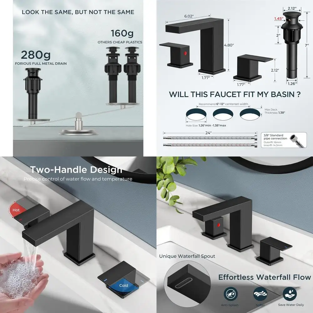 

8 Matte Black 3-Hole Waterfall Bathroom Faucet with Pop-Up Drain and Supply Lines