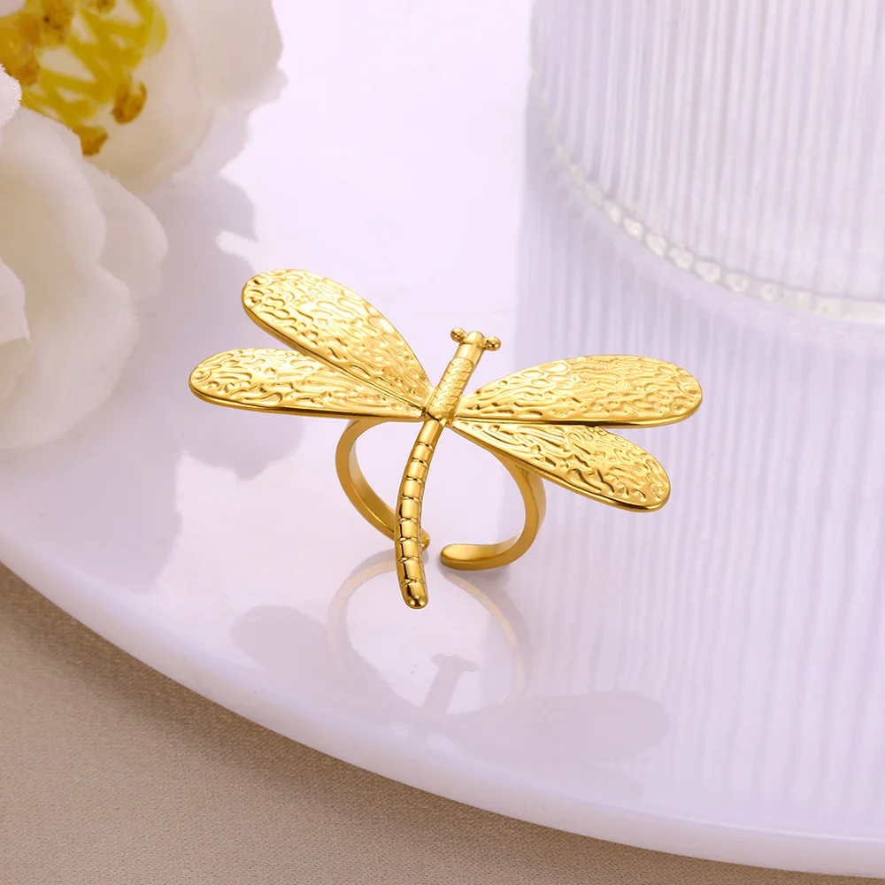 Punk Stainless Steel Daisy Ring For Women Men Fashion Gold Color Geometric Dragonfly Exaggerated Rings Love Jewelry Anillos Gift