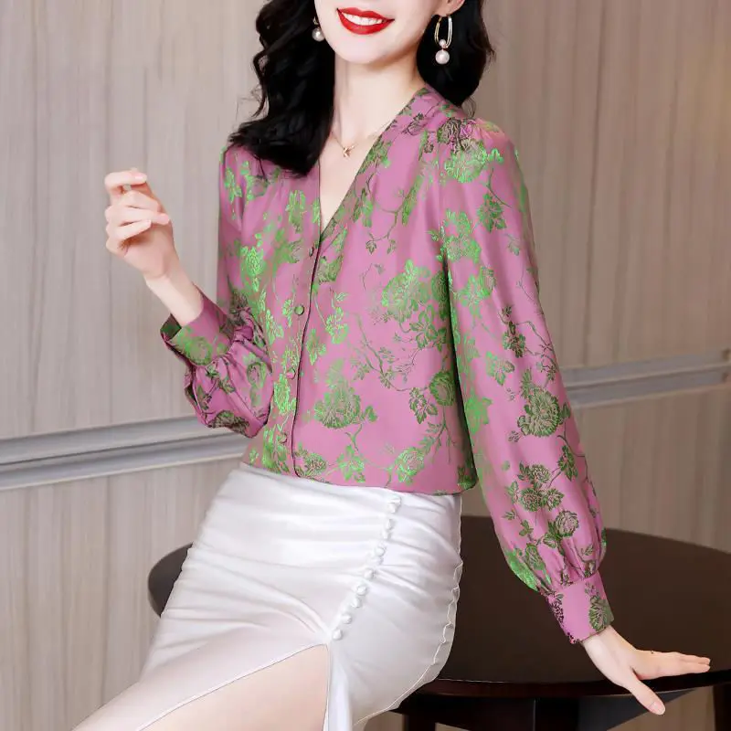 Spring Autumn New Female V-Neck Satin Printed Blouse Long Sleeve Korean Elegant Single-breasted Fashion Shirt Women\'s Clothing